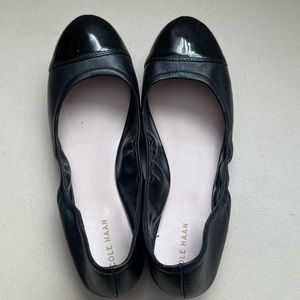 Cole Haan black leather ballet flats, patent cap toe, 8.5